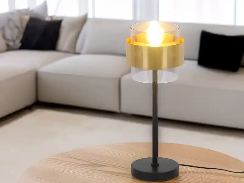 Mega-Angebot Globo Tischleuchte MILLEY mit Rauchglas Lampenschirm, Messingring, Höhe 47cm