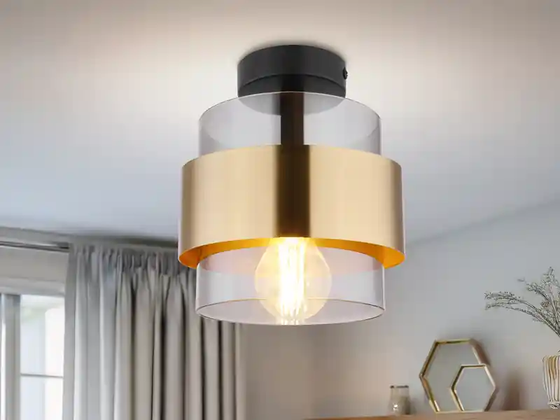 Preisknaller meineWunschleuchte LED Deckenleuchte mit Rauchglas Lampenschirm Messingring, Ø 18cm
