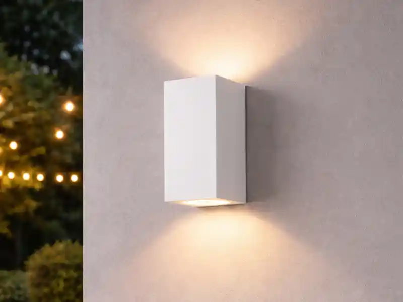 Geprüft meineWunschleuchte Eckige Außenwandleuchte Up and Down Weiß mit GU10 LED, Höhe 15cm