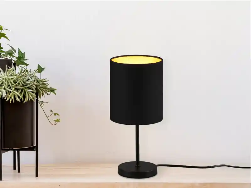meineWunschleuchte LED Tischleuchte mit Stoffschirm in Schwarz innen Gold, Höhe 28cm Geprüft
