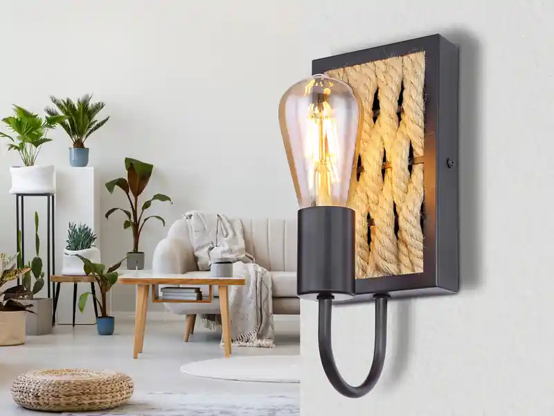 meineWunschleuchte LED Wandleuchte Seillampe mit Korbgeflecht Metall Schwarz, Höhe 28cm Preiswert