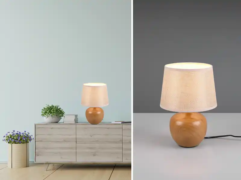 Mega-Angebot meineWunschleuchte LED Tischleuchte Keramik in Holzoptik mit Stoffschirm Beige, Höhe 26cm