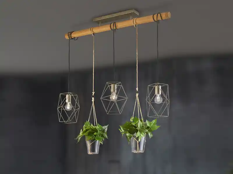 Wochenendangebot Trio Leuchten Vintage Balkenpendelleuchte PLANT 3-flammig mit Naturholz für Pflanzen