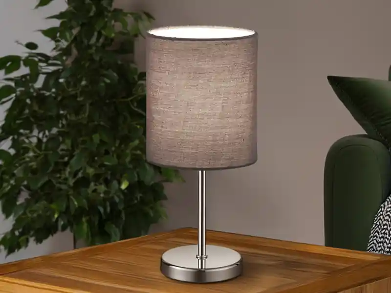 RL LIVE YOUR LIGHT Tischleuchte JERRY 1-flammig Chrom Stoffschirm in Grau, Höhe 28cm Saisonangebot