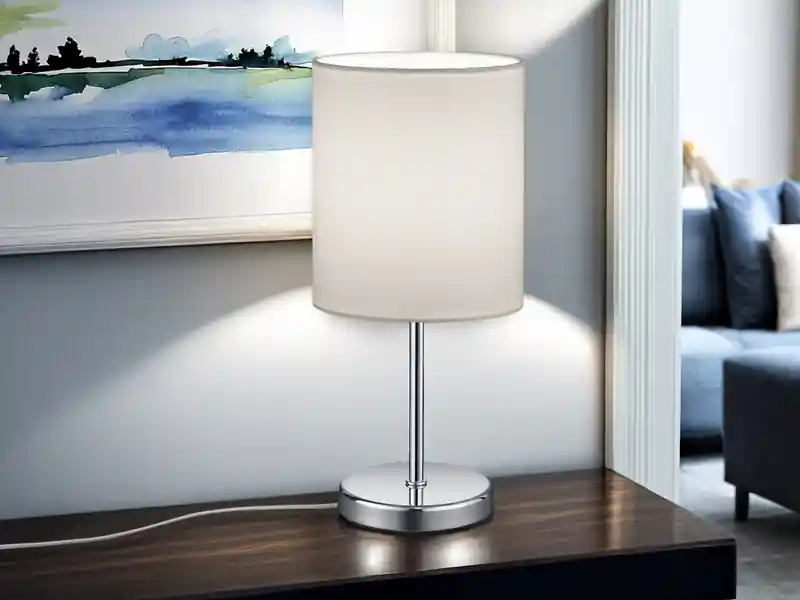 Angebot meineWunschleuchte LED Tischleuchte Chrom mit Stoffschirm in Weiß, Höhe 28cm