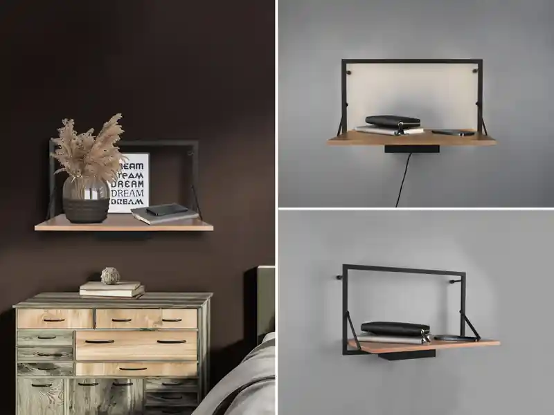 MIRRORS AND MORE LED Wandregal 2er SET mit Beleuchtung aus Metall schwarz & Holz 50cm breit Preis Gesenkt