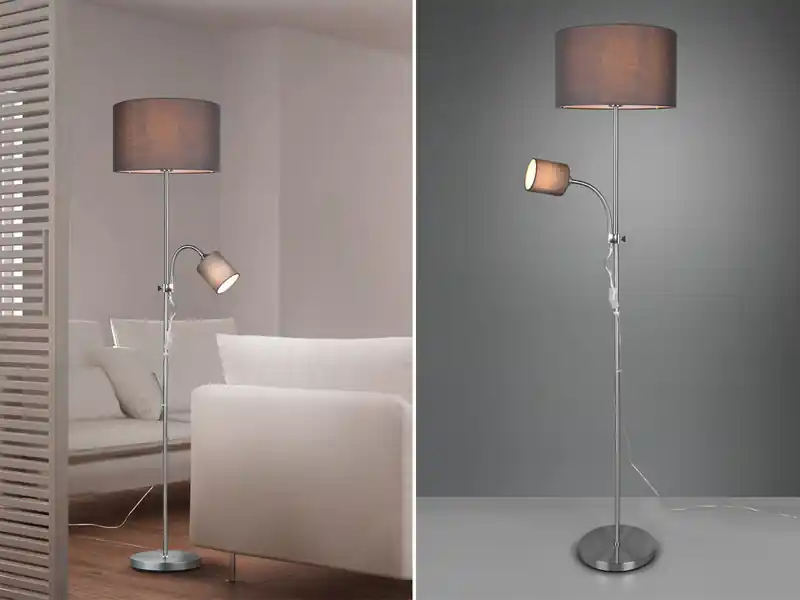 RL LIVE YOUR LIGHT Stehleuchte OWEN Flexarm mit Leselicht Silber & Stoffschirm Grau, Höhe 160cm Expressversand