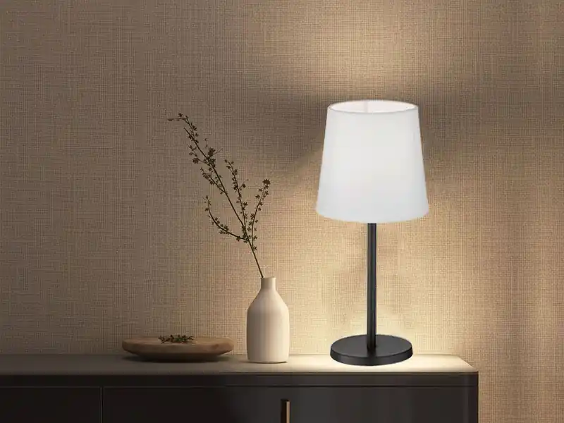 FHL easy LED Tischlampe Schwarz mit Lampenschirm Stoff Weiß, Höhe 30cm Begrenztes Angebot