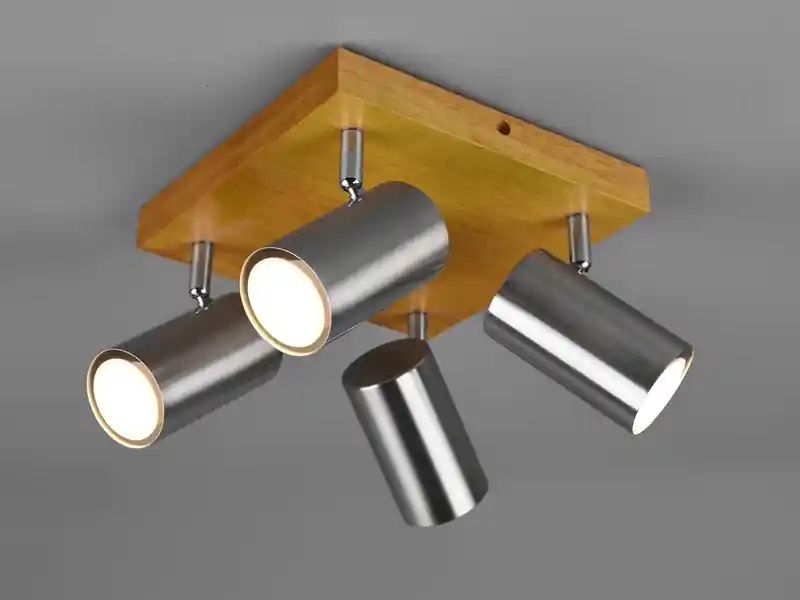Trio Leuchten Deckenstrahler MARLEY Silber mit Holz 4-flammig, Quadrat 22cm Neue Ware