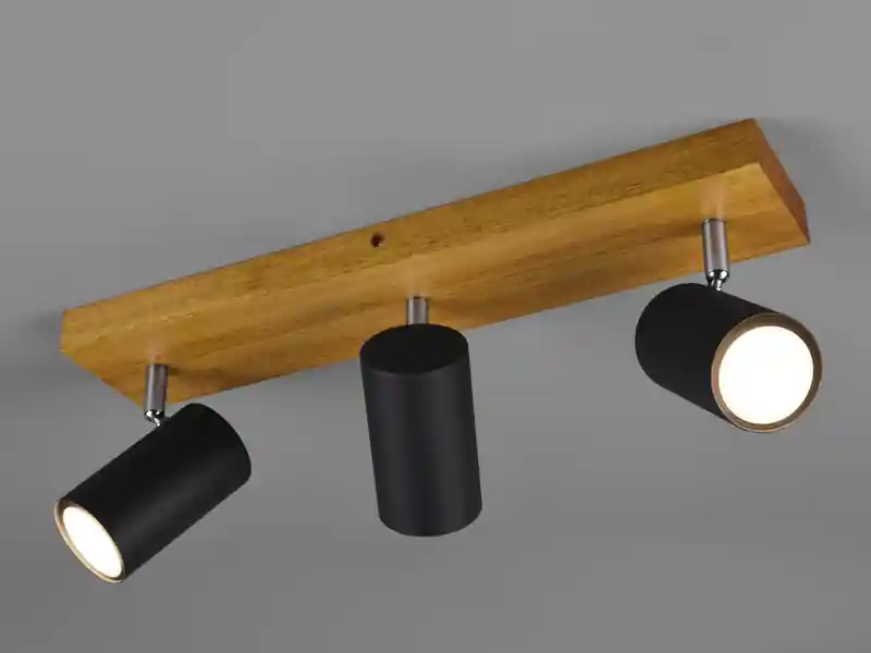 meineWunschleuchte LED Deckenstrahler Schwarz mit Holz 3-flammig, Breite 44cm Markenware