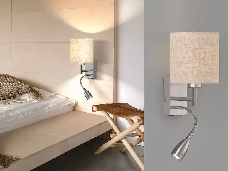 meineWunschleuchte LED Wandleuchte mit Leselampe & Stoffschirm Beige, Höhe 24cm Sichere Zahlung
