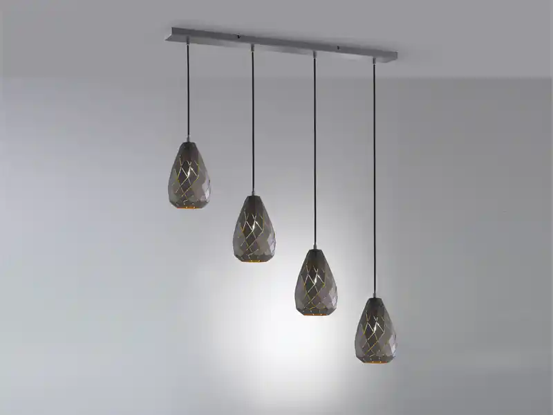 Expressversand meineWunschleuchte LED Pendelleuchte 4 flammig mit Lasercut Muster Anthrazit innen Gold, B: 90cm
