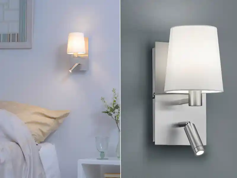 Neue Ware meineWunschleuchte LED Wandleuchte Silber mit schwenkbarem Leselicht & Stoffschirm Weiß, Höhe 31cm