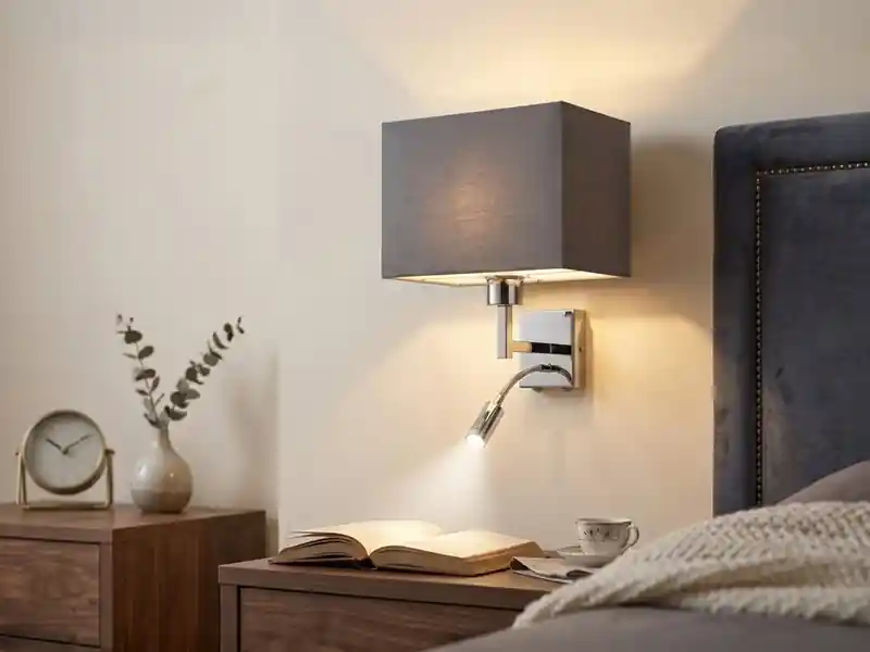 Top-Preis meineWunschleuchte Wandleuchte CAIMA mit Schalter, LED Leselampe & Stoffschirm Grau, Höhe 31cm