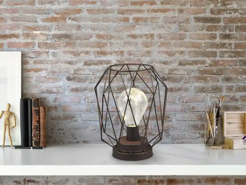 meineWunschleuchte Industrial LED Tischleuchte NARDA Gitter Rost-Optik Batteriebetrieb, Höhe 21cm Versand Am Gleichen Tag