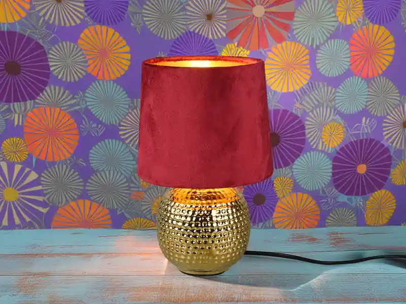 RL LIVE YOUR LIGHT Tischleuchte SOPHIA mit Keramikfuß & Samtschirm Rot - Gold, Höhe 26cm Highlight