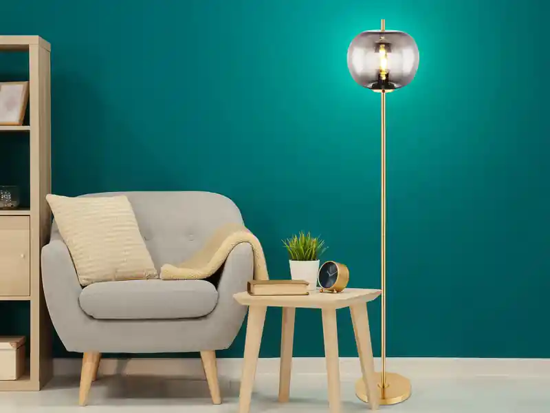 meineWunschleuchte LED Stehlampe mit Rauchglas Lampenschirm Ø 30cm, Metall Messing Nur Heute