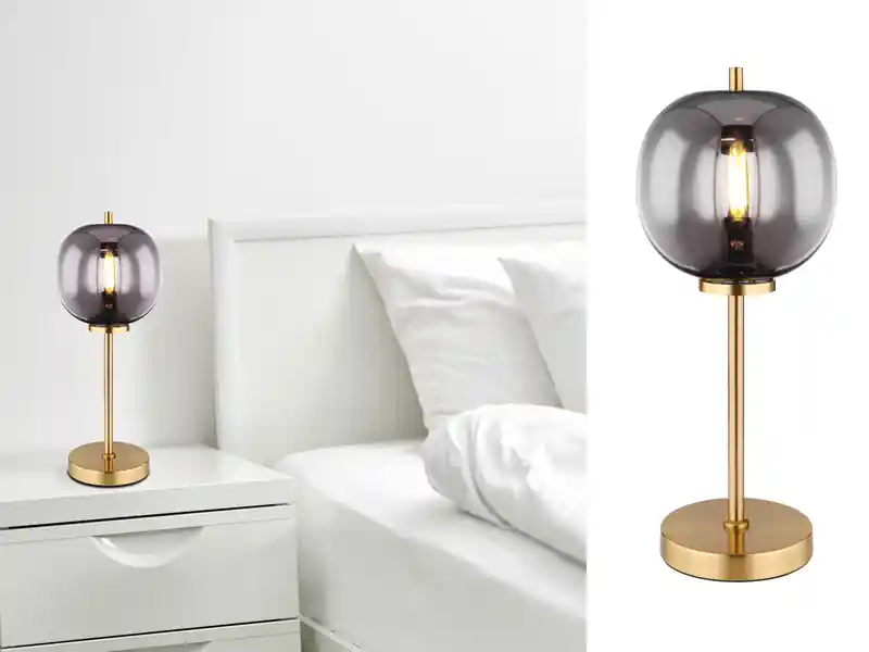 meineWunschleuchte LED Tischleuchte mit Rauchglas Lampenschirm Metall Messing, Höhe 45cm Direktkauf