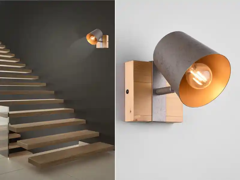 Trio Leuchten Wandstrahler BELL Silber antik & Gold mit Holz Industrial Style, Breite 11cm Gratis Versand