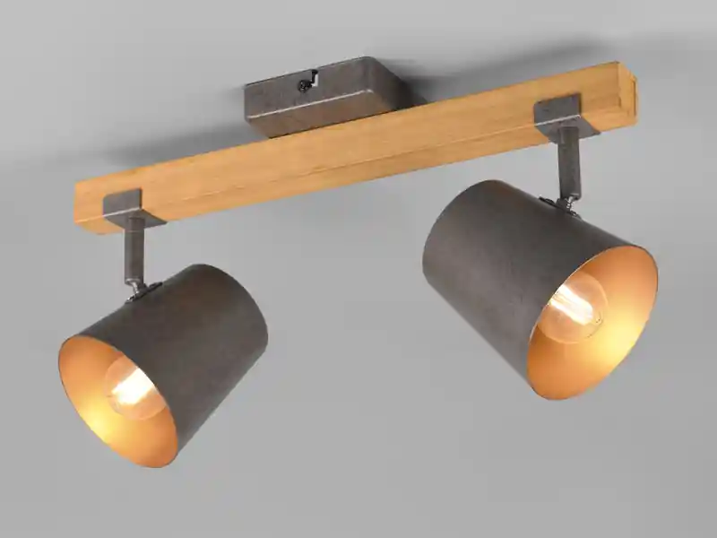 Versand Am Gleichen Tag Trio Leuchten Deckenstrahler BELL 2-flammig Silber antik & Gold mit Holz, Breite 42,5cm