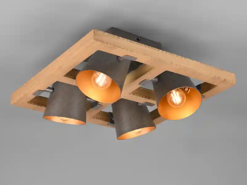 Heißes Angebot meineWunschleuchte LED Deckenstrahler 4-flammig Silber antik & Gold mit Holz, Quadrat 39cm