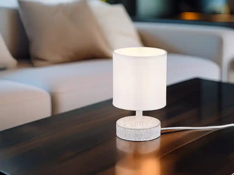 meineWunschleuchte Moderne LED Keramik Tischleuchte Stofflampenschirm in Weiß, Höhe 20cm Solange Der Vorrat Reicht
