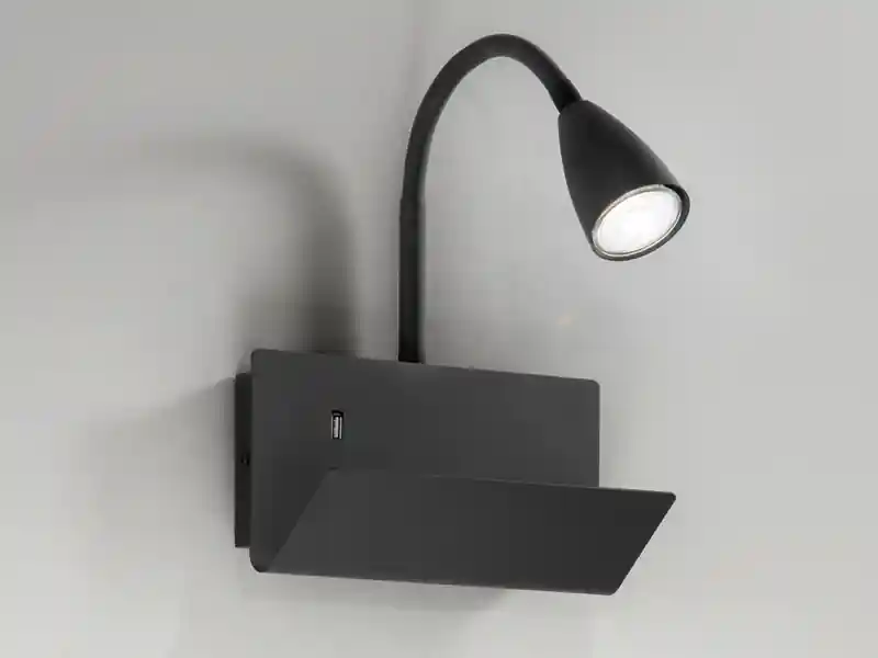 meineWunschleuchte LED Schwanenhals Leselampe Schwarz mit Ablage & USB-Ladefunktion, B. 23cm Knallerangebot