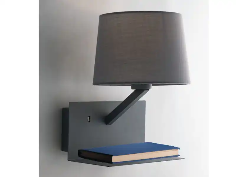 ECO-LIGHT Wandlampe CIAK Grau mit Stoff Lampenschirm, USB Lampe mit Ladefunktion & Ablage Versand Am Gleichen Tag