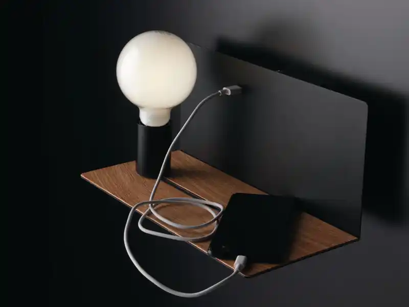 ECO-LIGHT LED Wandleuchte Schwarz mit USB Ladefunktion & Ablage - Glühbirne verstellbar Kostenloser Versand