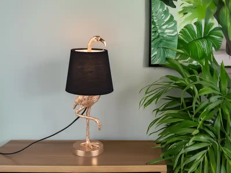 Saisonangebot RL LIVE YOUR LIGHT Retro Tischleuchte LOLA Flamingo Gold mit Stoffschirm in Schwarz, Höhe 42cm