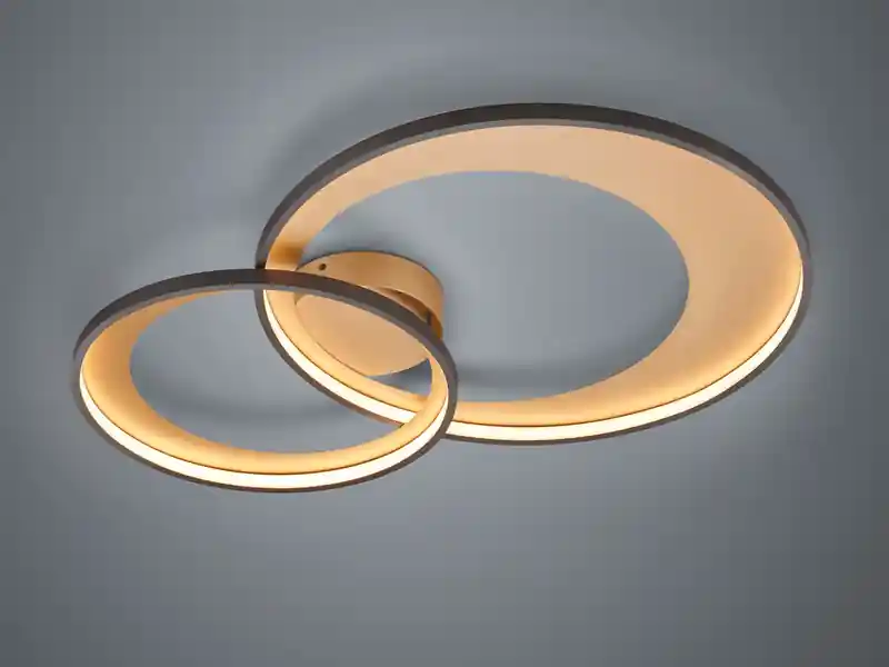 Letzte Chance Trio Leuchten Große LED Deckenleuchte GRANADA 2 Ringe Schwarz Gold, dimmbar, Breite 85cm