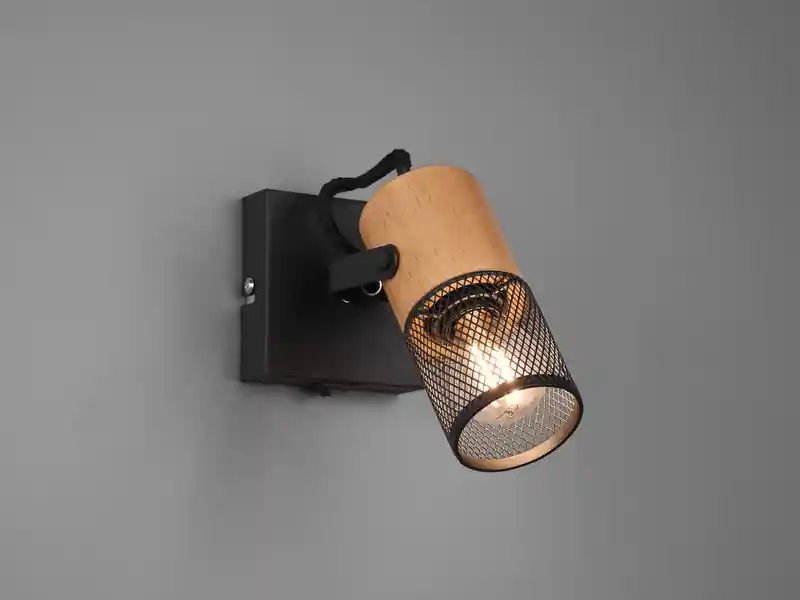 Trio Leuchten Wandstrahler TOSH mit Schalter, Schwarz mit Holz & Gitterschirm, Breite 9cm Sale