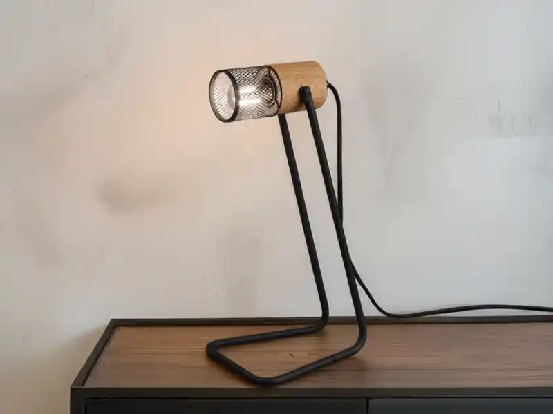Neue Kollektion meineWunschleuchte Industrial LED Tischlampe Metallgeflecht Metallschirm und Holzsockel, Höhe 40cm