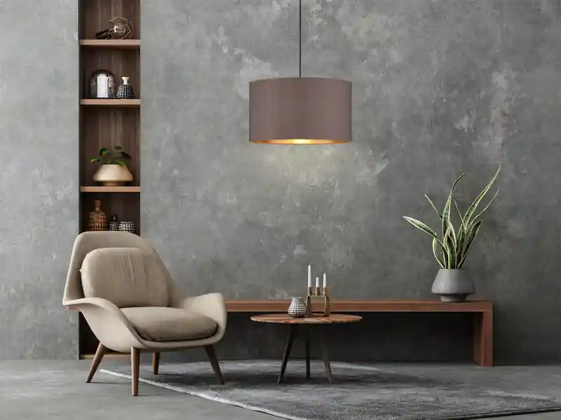 meineWunschleuchte Pendelleuchte mit Stoff Lampenschirm Braun / innen Gold, Ø 40cm Geprüft