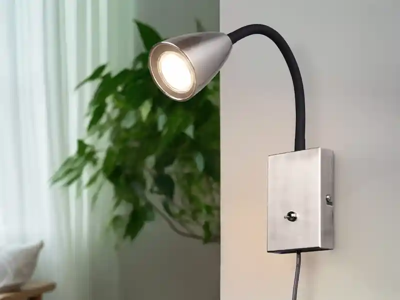 meineWunschleuchte Flexible LED Leselampe, Wandleuchte mit Schalter & Stecker, Silber Höhe 23,5cm Markenware