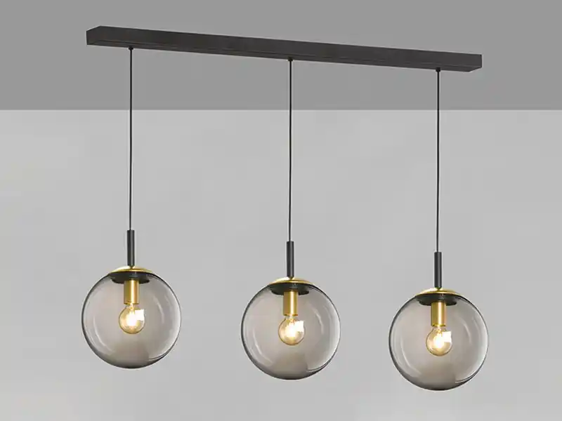 Fischer & Honsel Pendelleuchte DINI 3-flammig lang mit Glaskugeln aus Rauchglas, Breite 115cm Expressversand