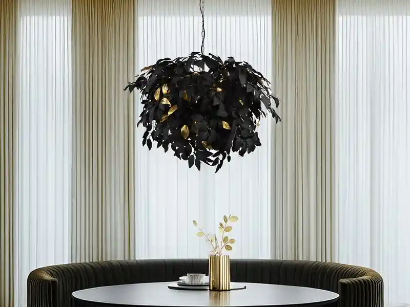 Bestpreis RL LIVE YOUR LIGHT Große Pendelleuchte LEAVY mit Blätter Lampenschirm Schwarz Gold, Ø 70cm