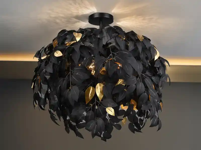 RL LIVE YOUR LIGHT Große Deckenleuchte LEAVY mit Blätter Lampenschirm Schwarz Gold, Ø 70cm Heißes Angebot