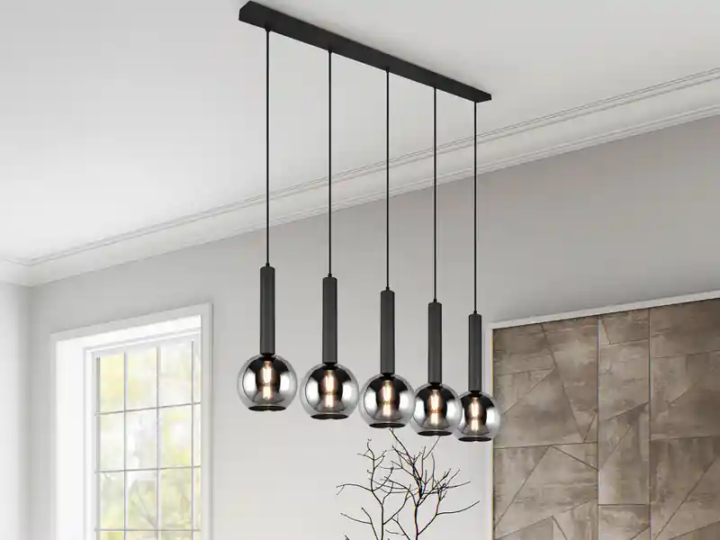 Trio Leuchten Pendelleuchte CLAYTON 5-flammig lang mit Rauchglas Glaskugeln, Breite 115cm Heißes Angebot