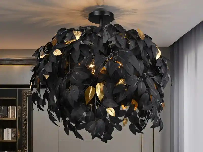 meineWunschleuchte Große LED Deckenleuchte mit Blätter Lampenschirm Schwarz-Gold, Ø 70cm Nur Heute