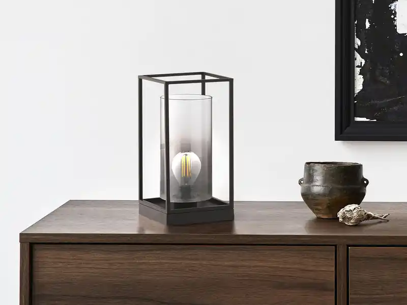 Schneller Versand meineWunschleuchte Tischlampe Schwarz mit Rauchglas & LED dimmbar, Höhe 30cm