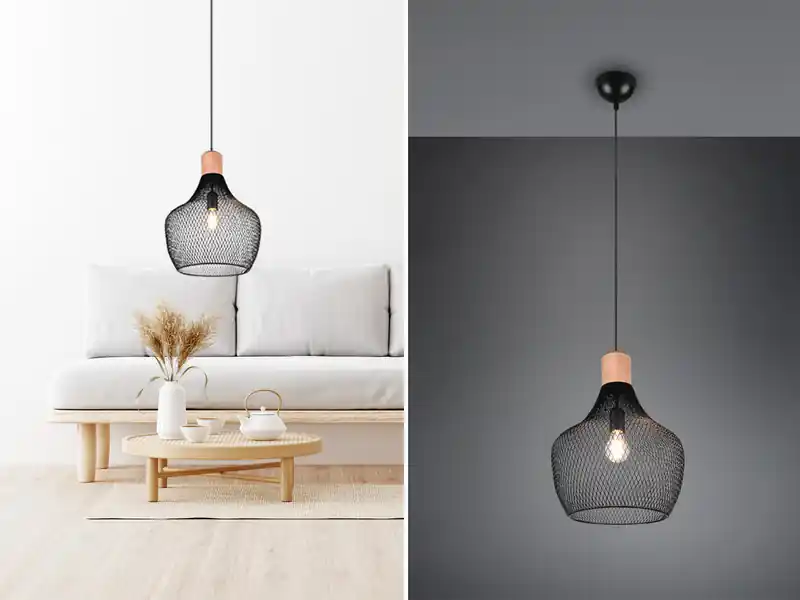 meineWunschleuchte Vintage LED Pendelleuchte Drahtgeflecht Schwarz mit Holz Ø 33cm Neu