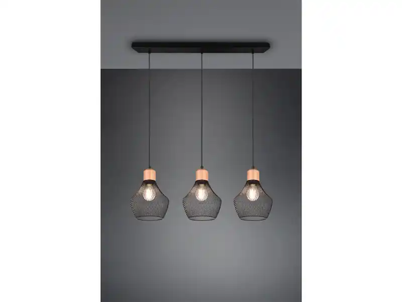 meineWunschleuchte LED Balken Pendelleuchte Drahtgeflecht Schwarz mit Holz Breite 80cm Top-Seller