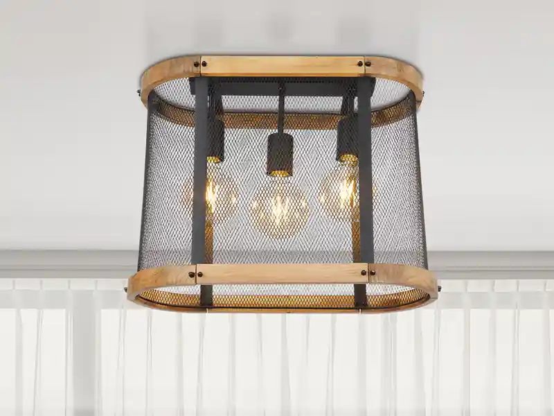 Mega-Angebot meineWunschleuchte LED Deckenleuchte mit Holz & Gitter Schwarz 3-flammig, Breite 45cm