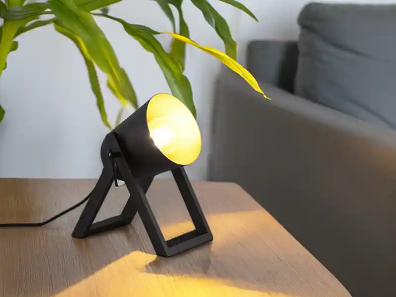 RL LIVE YOUR LIGHT Kleine Tischleuchte MARC Naturholz Metallschirm Schwarz/Gold, Höhe 21cm Markenprodukt