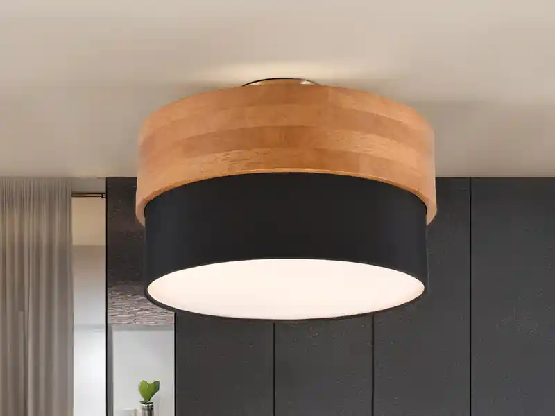 Schnäppchen Trio Leuchten Deckenleuchte SEASONS Holzlampe mit Stoffschirm Schwarz, Ø 30cm