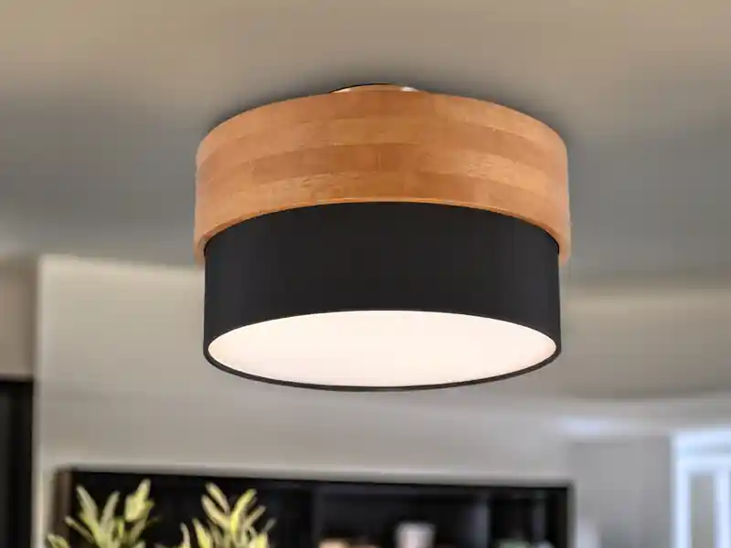 meineWunschleuchte LED Deckenleuchte Holzlampe mit Stoffschirm Schwarz, Ø 30cm Billig