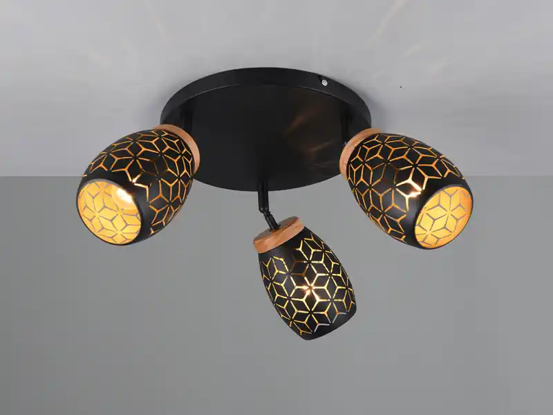 meineWunschleuchte LED Deckenstrahler Schwarz Gold 3-flammig mit Stanzmuster, Ø58cm Rabatt