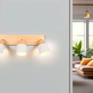 Abverkauf meineWunschleuchte LED Deckenstrahler Hellgrau mit Holz 3-flammig, Breite 45cm