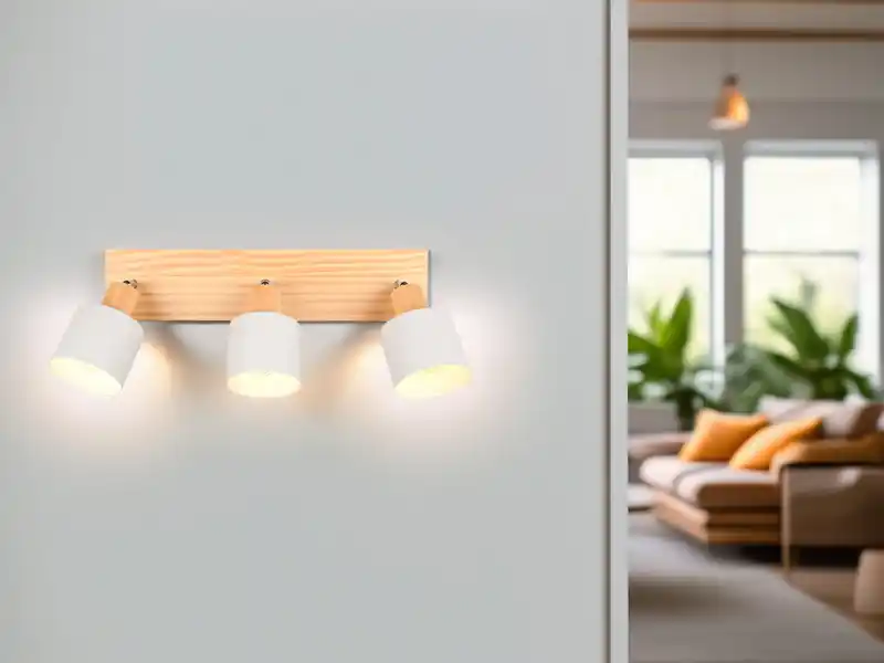 Abverkauf meineWunschleuchte LED Deckenstrahler Hellgrau mit Holz 3-flammig, Breite 45cm